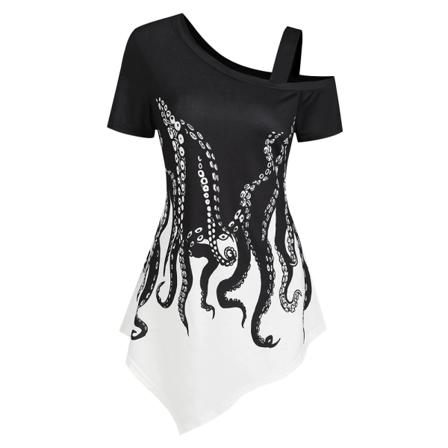 Gotiska Kvinnor Skew Neck Bläckfisk Print Asymmetrisk T-shirt Casua