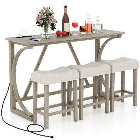 COSTWAY Bar Sæt 4 Stykker med Strømstik - 3 Polstrede Barstole - Mod højde - 3 Personer