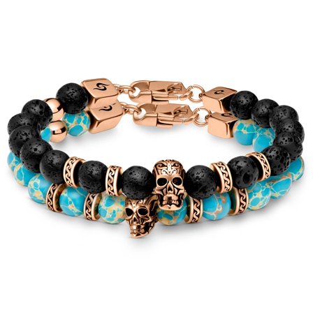 Rico Rose Gold-tone Lava Rock and Turquoise Imperial Jasper Skull Bracelets for Men - Beaded bracelets
