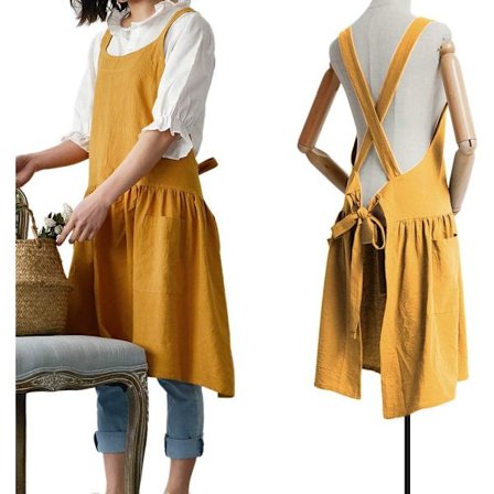 Kvinder Krydsryg Bomulds- og Linforklæde med Lommer til Maling Havearbejde Gul med Taljebånd