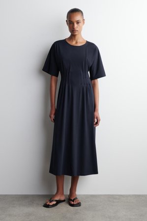 COS Femme Robe Midi Nervurée En Coton Dress in Bleu