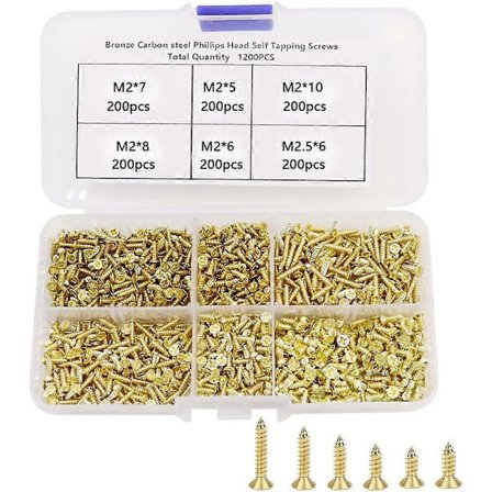 1200 stk. små skruer M2/M2,5 Små messingfarvede skruer 5/6/8/10 mm Små krydskærvsskruer med fladt hoved sortiment