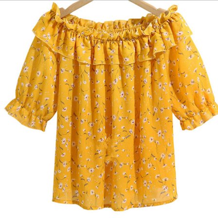 Kvinnor Tryckt Off Neck Trim Ruffle Stylish Chiffon Top,1PC-GUL