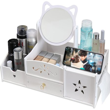 (rund spegel) Makeup Förvaring Multifunktionell Organizer, Vit Skrivbord Badrum Organizer, Makeup St