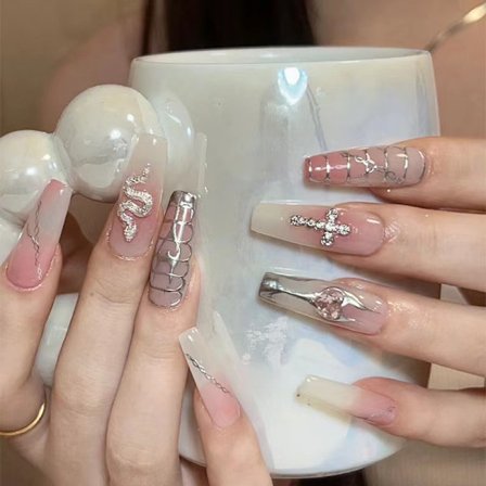 Silver Snake Print Wearable Nail Burst Glitter Nail Chip