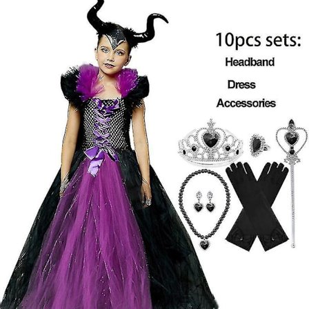* Halloween Costume Maleficent Tutu Klänning För tjejer Cosplay Evil Queen Black Mesh Princess Dress Kids Crow Wand Maleficent