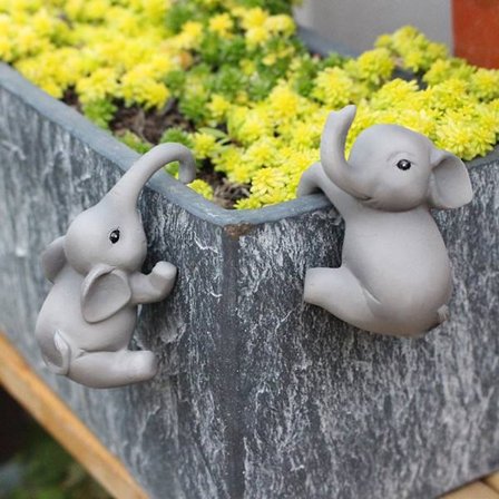 Sæt med 2 klatrende elefantstatuer, harpiks blomsterpotte krammer dekoration til have terrasse græsplæne gård, søde dyreplantepynt