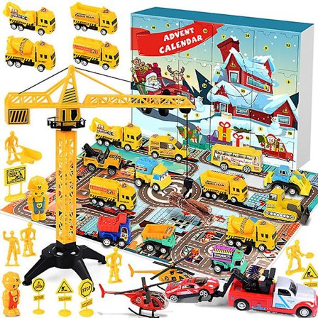 Bilar Adventskalender för barn pojkar 2023 Jul, 24 Pull Back Fordon Playsets Med Kran Helikopter Traktor Konstruktion Tru