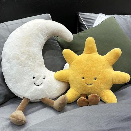 Søt Smil Ansikt Hvit Måne Gul Sol Plysj Utstoppet Søt tegneserie Vær Plysj Leke For Barn Soverom Dekor Sofa Putepute white Moon about 30cm
