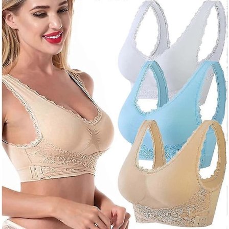 3 stk Turmalin Formende & Kraftfull Løfte-BH, Turmalin Formende Trådløs BH, Blonde-BH med Spenne Foran og på Siden for Løft hvit-blå-hudfarget L