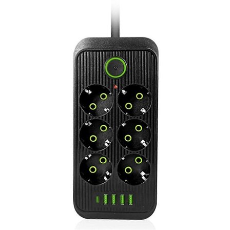 EU Grenuttag Multiprise 6 AC-uttag Elektriskt uttag med 4 USB 1 Type-C Nätverksfilter Snabbladdning EU-kontakt Svart