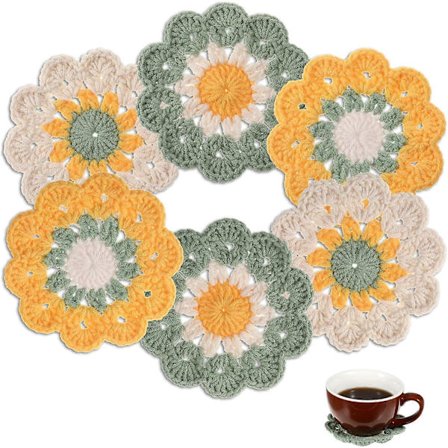 Sett med 6 Håndlagde Heklede Brikker Søte Brikker Runde Morsomme Gaver