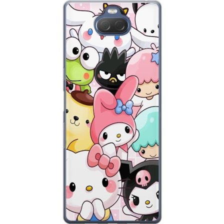 Kompatibelt Mobildeksel til Sony Xperia 10 Plus Tett mønster av søte figurer med store øyne i ulike farger og uttrykk med LABUBU-tekst