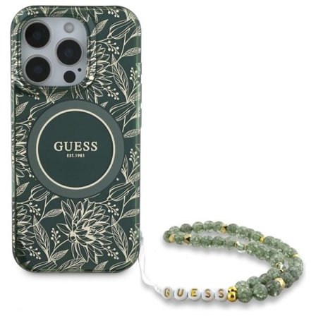 Guess Mobilskal till iPhone 16 Pro Max MagSafe IML Flowers Med Strap - Grön