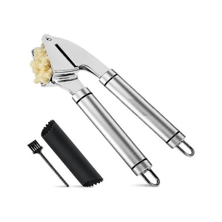 Presset Hvidløgspresser og Knuser i Rustfrit Stål med Silikonerulle. Rustsikker, Let at Presse, Opvaskesikker