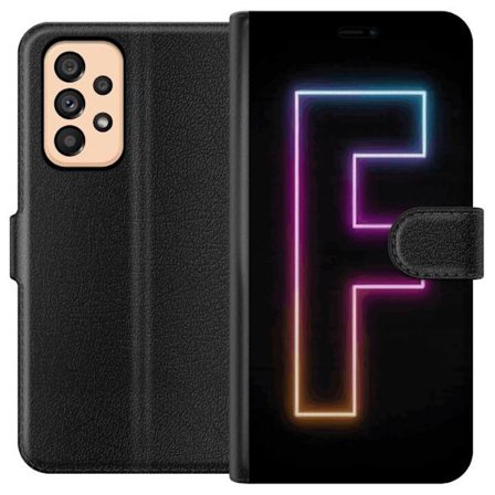 Kompatibelt Lommeboketui til Samsung Samsung Galaxy A53 5G Neonbokstav F i rosa, blå og gule lyskanter mot en mørk bakgrunn, grafisk bokstavillustra