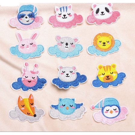 12 søte god natt-kjæledyr tegneserie broderi stoff klistremerker små