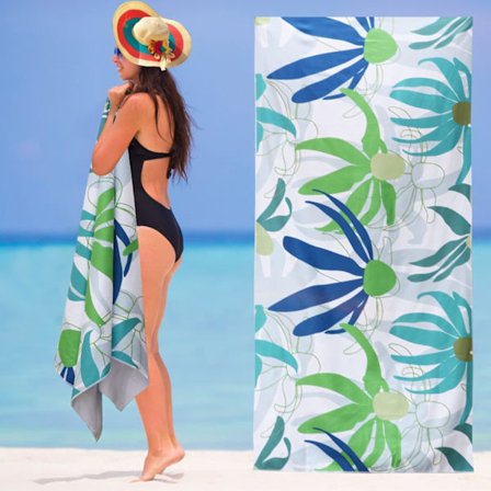 Grøn Blomster Stor Strandhåndklæde 150x70cm, Mikrofiber Badehåndklæde,