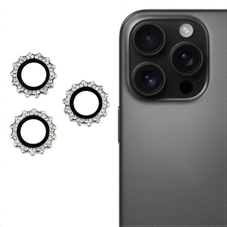 Kameraskydd för iPhone 16 Pro/16 Pro Max, kugghjulsform, strassdekor, härdat glas