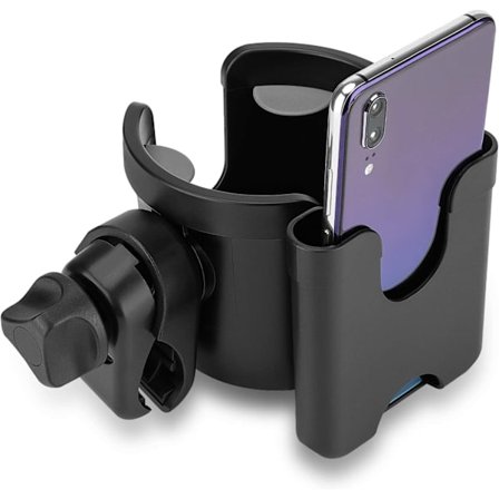 Barnevogn koppholder med telefonholder/arrangør, universell sykkel koppholder, 2-i-1 koppholder for rullator, sykkel, rullestol, rullator