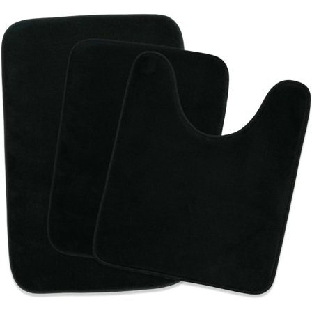 IC Memory Foam Bademåtte 3-delt sæt, superabsorberende, stærk PVC anti-slip bagside, badeværelsesmåtte, plys blød, tyk, maskinvaskbar, sort