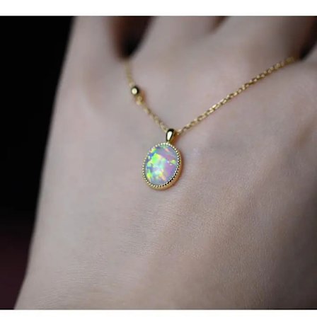 925 Sterling Silver Guldpläterad 14K Guld Naturlig Opal Hänge Inlagd Cubic Zirconia Halsband Fransk Mode Retro Trendiga Smycken Flickpresent