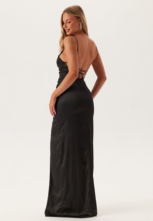 Bubbleroom Occasion Ruched Satin Strap Gown Black 36