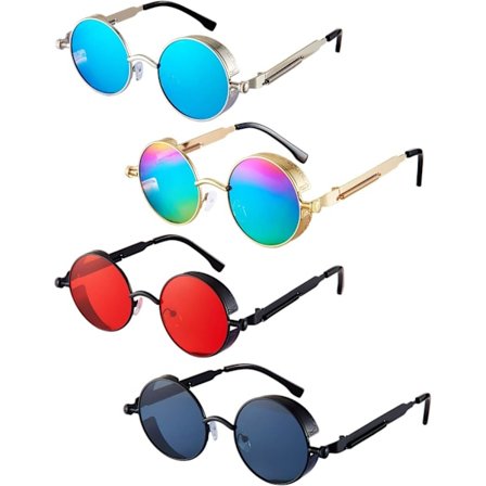2025 Siste Modell 4 Stykker Retro Steampunk Solbriller Vintage Gotiske Runde Solbriller Sirkel Steampunk Briller for Jul Kvinner Menn Eller