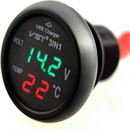 Bilvoltmeter, 3 i 1 12-24v Biltermometer Bil USB-laddare Voltmeter med LCD Digital Display Panel Temperaturtestare Spänningsmätare för Bilar och Tr