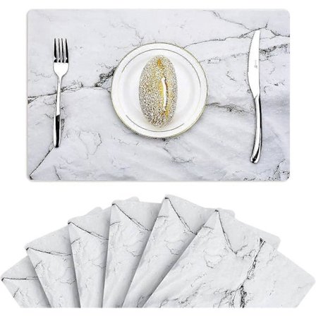 Bordsunderlägg i marmor för matbord, set om 6 tunna miljövänliga bordsmattor, lätta att rengöra för köksmiddagsbjudningar