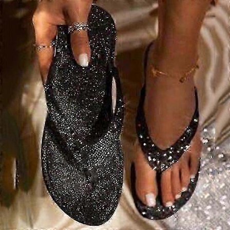 Mote Sommersandaler for kvinner, flate sandaler med rhinestones, flip-flops, ensfarget, uformelle strandflip-flops, sklisandaler med glitter for 