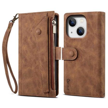 Iphone 14 Plånboksfodral Flap Zipper Strap - Brun