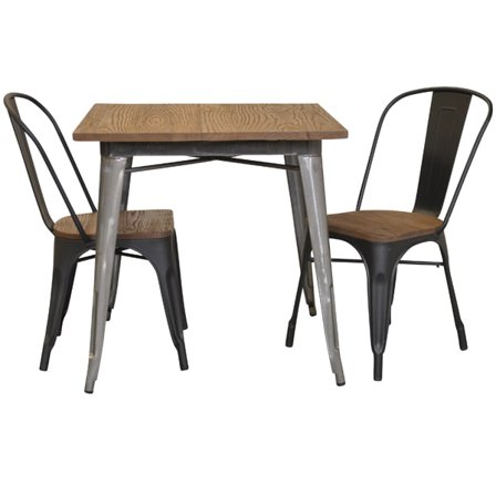 Plåt galvaniserad med toppskiva i alm + 2 matt svarta stolar alm