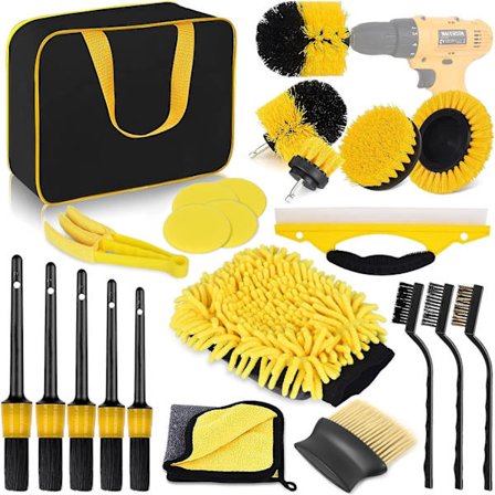 22-delt bilrengjøringssett for innvendig og utvendig bilpleie med felgbørste og poleringsmiddel
