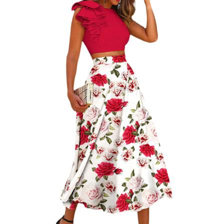 Kvinnor High Waist Outfits Ruffle Cropped Tops Midi-kjol