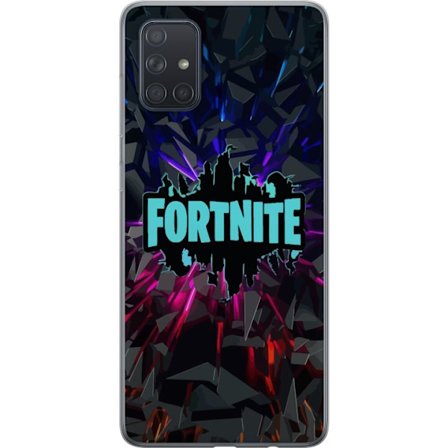 Kompatibelt Mobildeksel til Samsung Samsung Galaxy A71 Fortnite-logo - Svart bakgrunn med blå neon og fargede lys