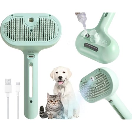 Hårborste med Vattentank och Utlösningsknapp för Katter/Hundar - Fällborste med Ång- och Badfunktioner (GRÖN)