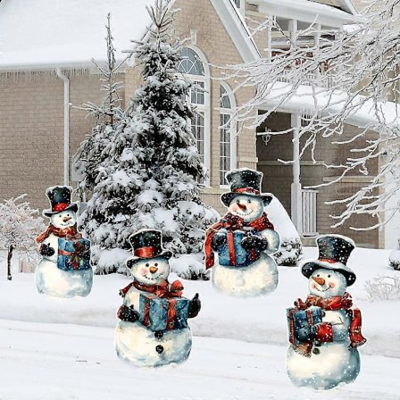 Set med 4 juldekorationer utomhus med snögubbar, gårdsdekoration med snögubbefamilj med hattar, skyltar för gräsmatta, trädgård, veranda, vinterjul