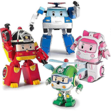 SBSG Robocar Poli 4-pakning Poli + Amber + Roy + Helly Transformerende Robotleker, 10 cm Transformerbar Handling