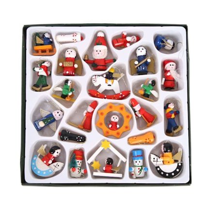 Juldekorationer litet trä julhänge handmålade dockor Julgranshängen i låda med 24 små hängen