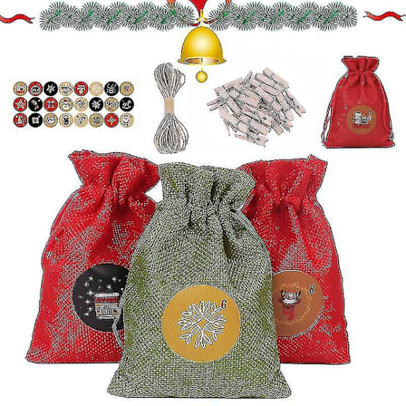 Adventskalender, 24 julegaveposer, julepose, fyllbare stoffposer, gaveposer med nummerlapper og 24 treklips, for DIY juledekorasjon