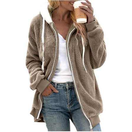 Huva jakke dame teddy fleece kåpe overgangsjakke med hette med lommer glidelås høst vinter plysj jakke fleece jakke vinter 3XL D Khaki