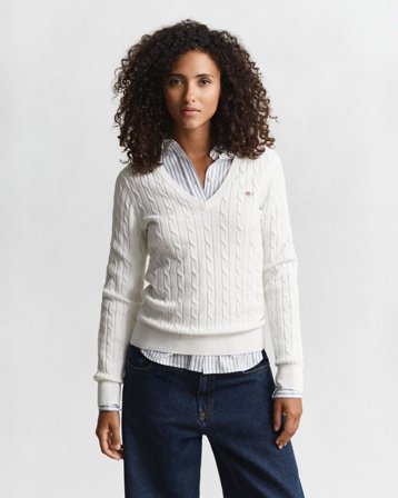 GANT Damen Zopfstrick V-Neck Pullover aus Stretch-Baumwolle (S) Weiß
