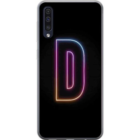 Kompatibel Mobilcover til Samsung Samsung Galaxy A50 Minimalistisk neonbogstav D i farveskiftende lys mod sort baggrund i moderne digital design