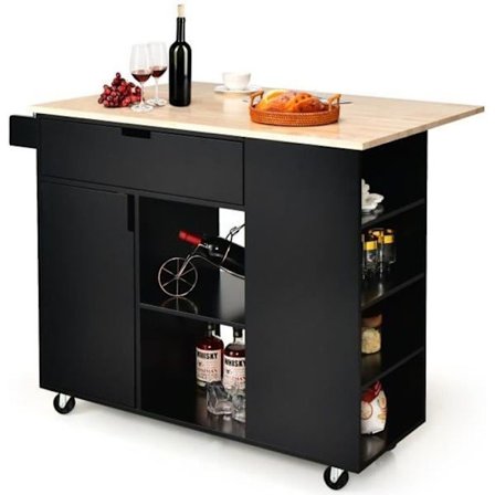 COSTWAY Trolley/vogn på hjul med foldbar gummitræbord Køkken Central Island med krydderihylde Sort