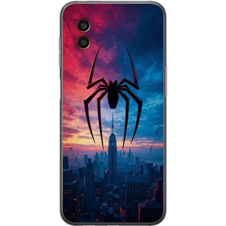Kompatibelt Mobildeksel til Samsung Samsung Galaxy Xcover6 Pro Stilisert edderkopp over bysilhuett i dramatisk solnedgang, grafisk fantasyillustrasjon