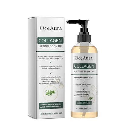 OceAura Collagen Firming Body Oil – En återfuktande massageolja som förbättrar elasticiteten och gör huden mjuk och smidig.