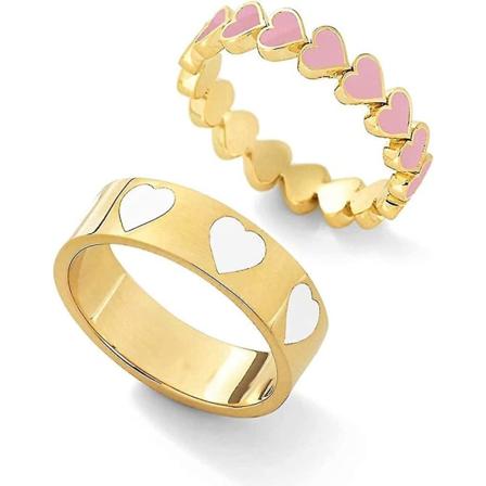 2 st Färgglada Hjärtformade Ringar Guld Band Ringar Set För Kvinnor Flickor Par. Söt Kärlek Hjärta Enkelt Stackbara Finger Ring Bröllop Kärlek Löfte 