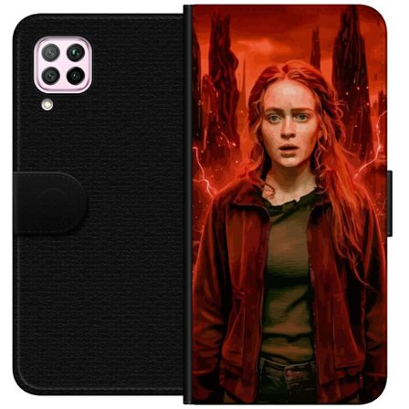 Kompatibelt Plånboksfodral till Huawei Huawei P40 lite Porträtt av en ung kvinna med rött hår i en apokalyptisk landskap, röda blixtar och mörka