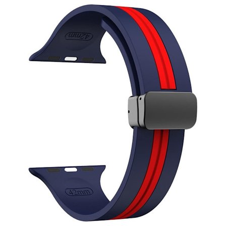 KALEBOL Raidallinen magneettinen silikoniranneke Apple Watch Series 41mm - 40mm - 38mm kellonauha - Keskiyön Sininen + Punainen